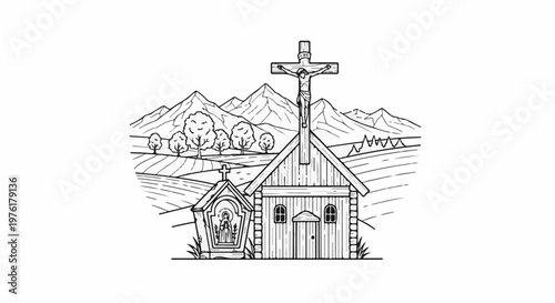 Rustic chapel with crucifix, mountains, and fields