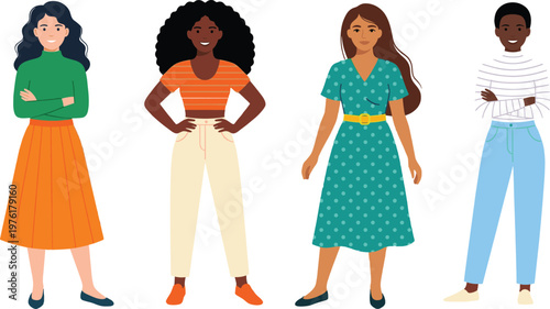 Diverse young women standing together in stylish casual outfits, multiracial group of female characters set, flat vector illustration
