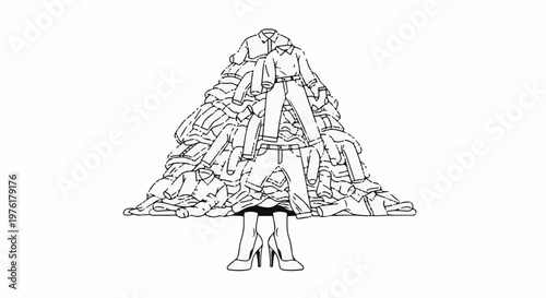 A conical pile of folded clothes forms a figure with boots