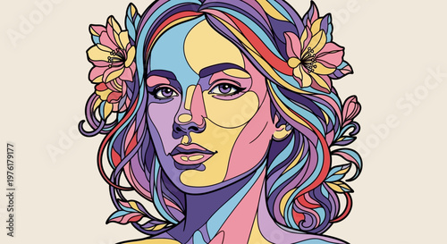 Woman with colorful hair flowers.