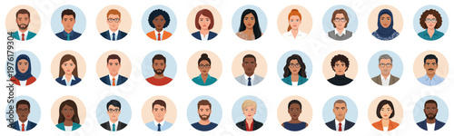 Diverse business avatar set with multiethnic people portraits | Professional men and women circle icons collection | Flat vector illustration style