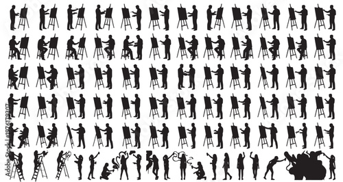 Painters Creative Work Silhouettes Set Pack. Editable Vector Stroke Illustration. featuring painter, silhouette, vector, graphic, design, illustration, canvas, easel, painting more silhouettes.