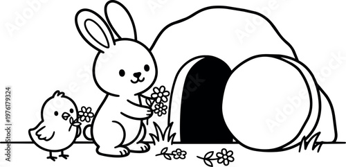 Black and white line art rabbit and chick with flowers near burrow