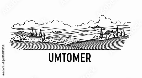 Rural landscape with rolling hills, cypress trees, and buildings