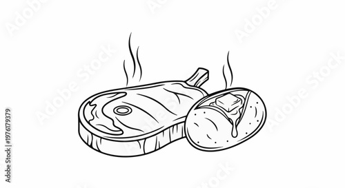 A cooked steak and a potato with butter, steaming hot