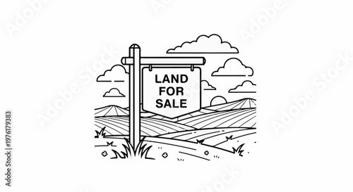 Rural landscape with a signpost indicating land for sale