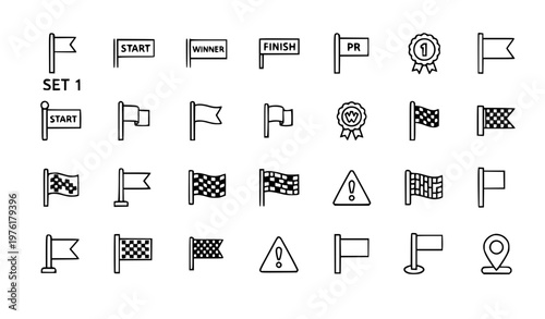 A set of black and white line art flags and icons for racing and warning