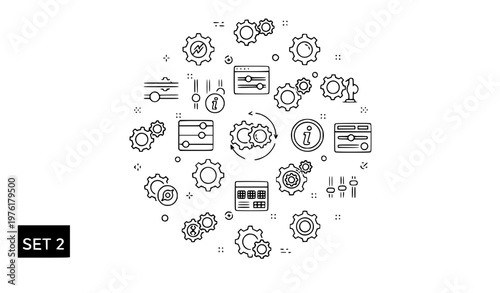 A set of business and technology icons in a circular pattern