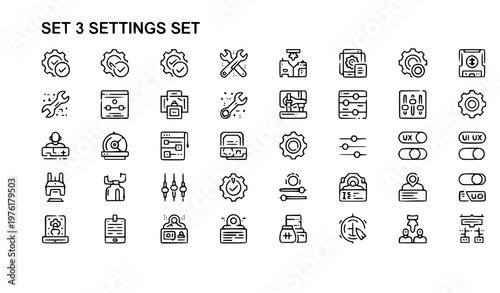 A set of 30 line art icons depicting various settings and tools
