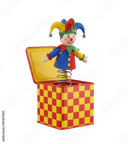 Colorful Jack-in-the-box toy isolated. Traditional surprise clown gift.