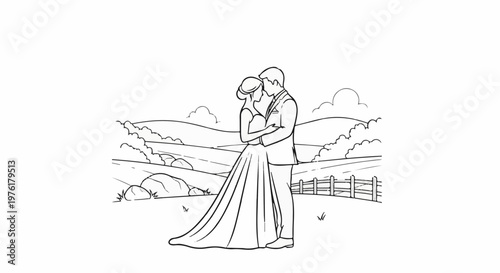 A couple embraces outdoors with rolling hills and a fence in the background