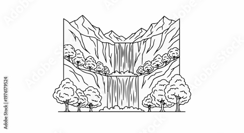 Scenic mountainous landscape with a cascading waterfall and lush trees