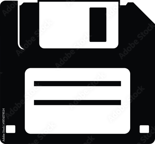 Black and white floppy disk vector illustration icon, retro data storage symbol representing save file, technology history, digital archive design