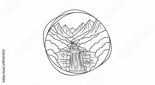 Scenic mountain waterfall, depicted in a circular frame with abstract elements