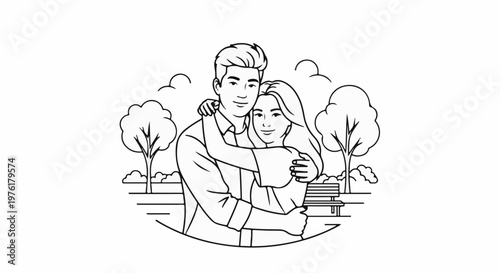 A couple embracing in a park with trees and a bench