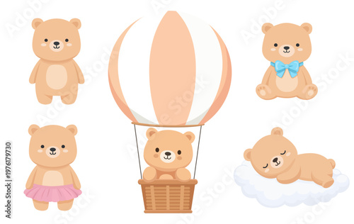 Set of cute teddy bear characters in different poses and outfits. Cartoon bear illustrations including hot air balloon and sleeping bear for kids designs.