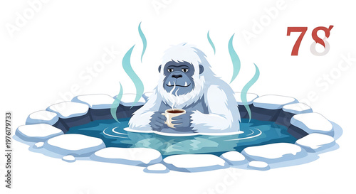 A cartoon gorilla relaxes in a hot spring surrounded by ice and snow, holding a cup of coffee.