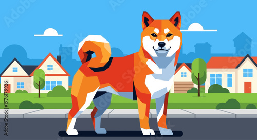 Shiba Inu Dog Standing Outdoors.