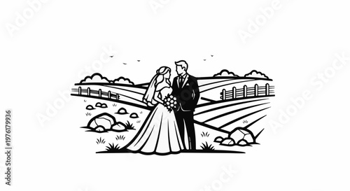 A couple in wedding attire stands in a stylized rural landscape with rolling hills and fences