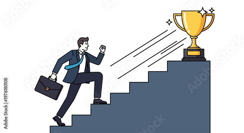 Businessman Reaching for Trophy Success.