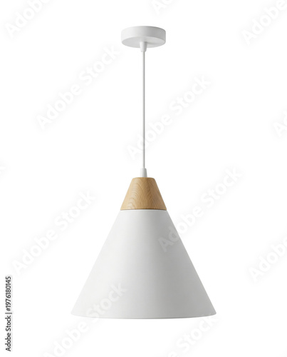 White conical pendant lamp isolated. Scandinavian ceiling light mockup.