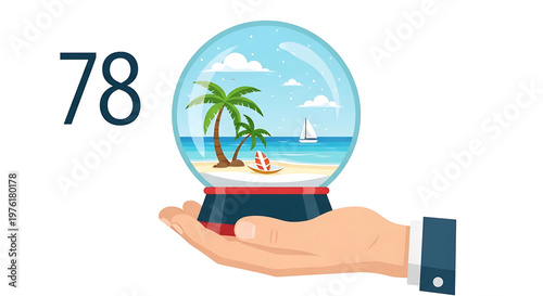 A vector graphic illustration of a hand holding a globe with a tropical beach scene inside