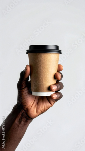 Maqueta de una mano sosteniendo un vaso de papel con fondo neutro.