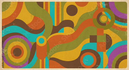 Mid-century modern style illustration with layered circles, vintage textures, and a nostalgic 70s vibe. Abstract geometric composition featuring semicircles and waves with a grainy, weathered paper