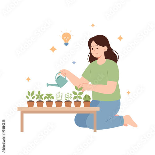 A young woman watering potted plants on a table. Concept of home gardening, plant care, growth, creativity and eco friendly lifestyle. Vector illustration scene isolated on white.