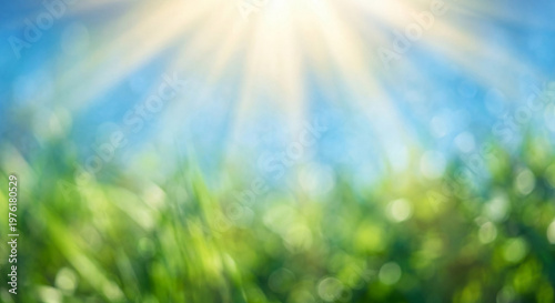 Abstract nature background with bright sun rays shining through green foliage in soft focus. Sunny bokeh background with ethereal light beams and vibrant green and blue pastel tones.