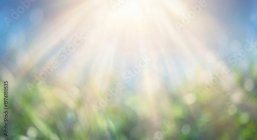Abstract nature background with bright sun rays shining through green foliage in soft focus. Sunny bokeh background with ethereal light beams and vibrant green and blue pastel tones.