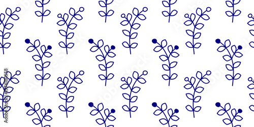 Modern seamless pattern with cute hand drawn blue line leafy twigs on white backdrop. Natural monochrome background in Mediterranean style. Suitable for wrapping paper, wallpapers, textile, packaging.