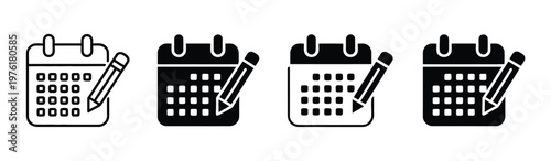 Schedule icon set, multi style icon collection, calendar and time symbols, task planning and scheduling icons, clean vector design elements in flat and outline styles for mobile apps, web interfaces, 