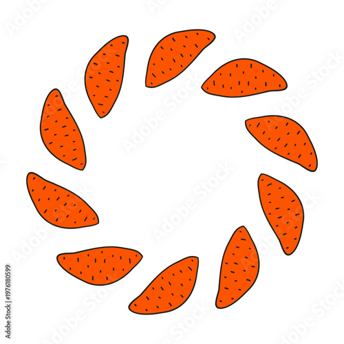 Cute round wreath with doodle sweet potatoes or yams isolated on white background. Healthy root vegetables in circle shape. Natural hand drawn illustration.