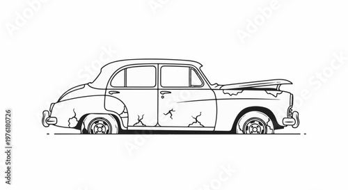 A cracked and weathered vintage car with its hood open