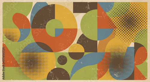 Mid-century modern style illustration with layered circles, vintage textures, and a nostalgic 70s vibe. Abstract geometric composition featuring semicircles and waves with a grainy, weathered paper