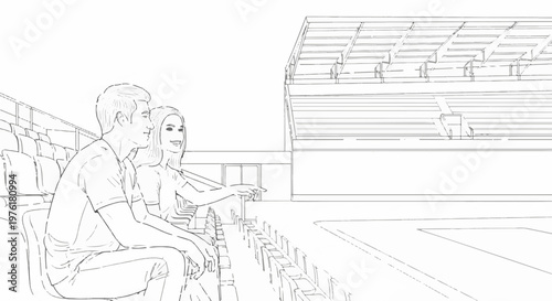 A couple sits in stadium seating, pointing towards a grandstand structure