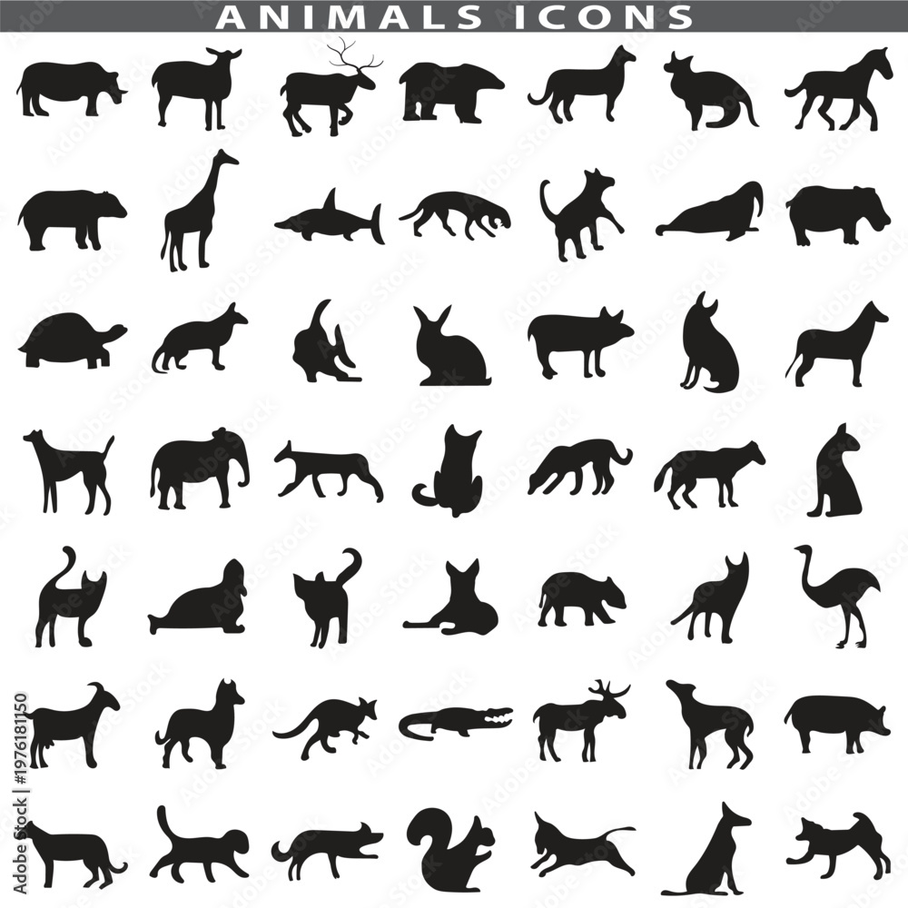 Obraz premium Animal silhouette collection. Set of black animal silhouette. Animal icons. Mammal, fish, insects, birds, reptiles silhouette collection. Wild, domestic animals icons