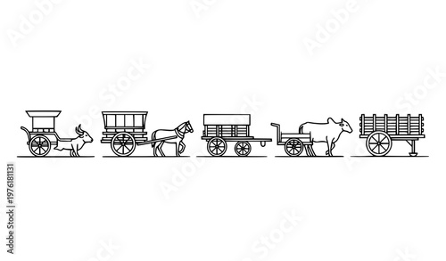 Flat thin line rural transport and wooden wagon icon set for farming and heritage design