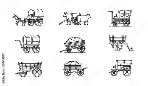 Traditional rural transport carts and wooden wagon thin line icons for vector illustration projects