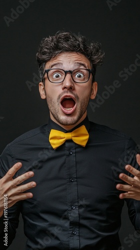 Exaggerated shock captured in studio portrait: man with wild hair, glasses, and bright yellow bowtie gasps dramatically against dark background.