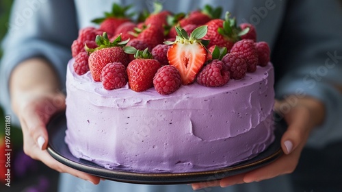Vibrant berry cake with lavender frosting, adorned with fresh strawberries and raspberries, held by hands in a cozy setting, perfect for summer celebrations.