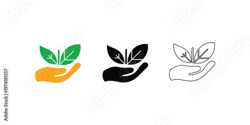 Hand holding green sprout in three styles: color, black and white line art icon