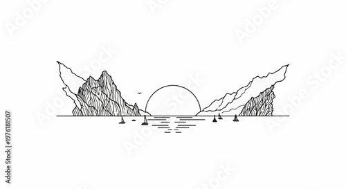Serene sunset over water with sailboats nestled between rocky shores