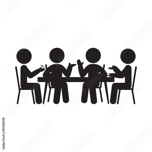 Four people seated around a table in a simple black silhouette