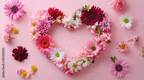 Vibrant heart-shaped floral arrangement on pink background: gerberas, daisies, and chrysanthemums in shades of pink, white, and burgundy create a romantic Valentine's Day concept.
