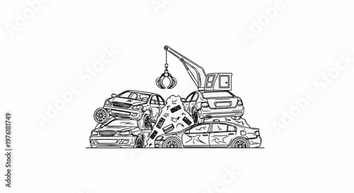 A crane is picking up a pile of scrap car parts from a junkyard