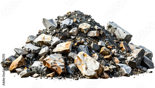 A jagged pile of mixed-size stones, rubble, and gravel against a plain background, creating a rugged texture and contrasting colors