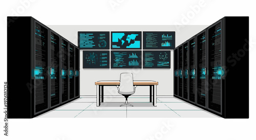 Server room with data monitors and a single workstation