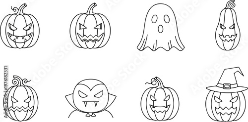Minimalist Halloween Pumpkin and Spooky Character Icon Set Vector.